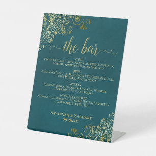 The Bar - Dark Teal & Gold Drinks Menu Wedding Pedestal Sign