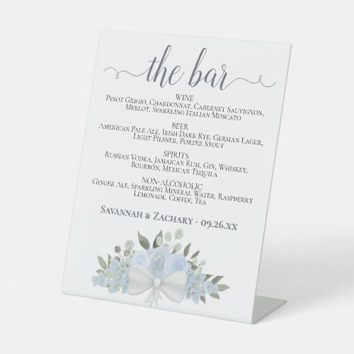 The Bar _ Dusty Blue Floral Drinks Menu Wedding Pedestal Sign