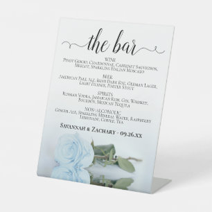 The Bar - Dusty Blue Rose Drinks Menu Wedding Pedestal Sign