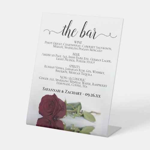 The Bar Elegant Burgundy Rose Drinks Menu Wedding Pedestal Sign
