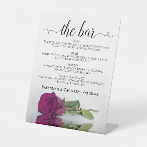 The Bar _ Elegant Magenta Rose Drinks Menu Wedding Pedestal Sign