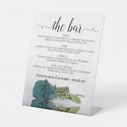 The Bar _ Elegant Teal Rose Drinks Menu Wedding Pedestal Sign
