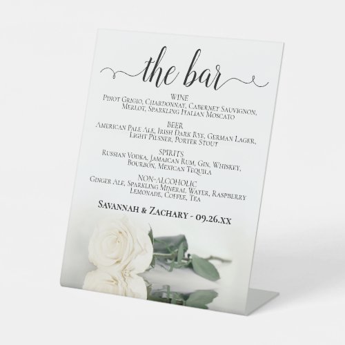 The Bar _ Elegant White Rose Drinks Menu Wedding Pedestal Sign