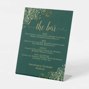The Bar - Emerald Green & Gold Drinks Menu Wedding Pedestal Sign
