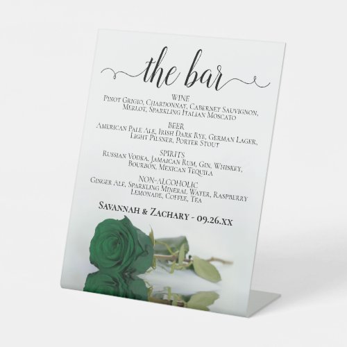 The Bar _ Emerald Green Rose Drinks Menu Wedding Pedestal Sign