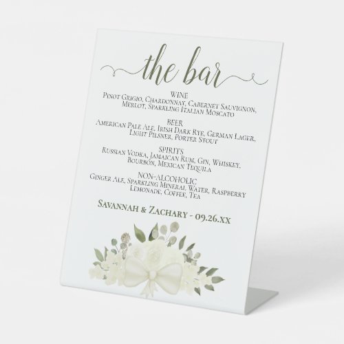 The Bar _ Ivory White Floral Drinks Menu Wedding Pedestal Sign