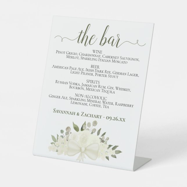The Bar - Ivory White Floral Drinks Menu Wedding Pedestal Sign (Front)