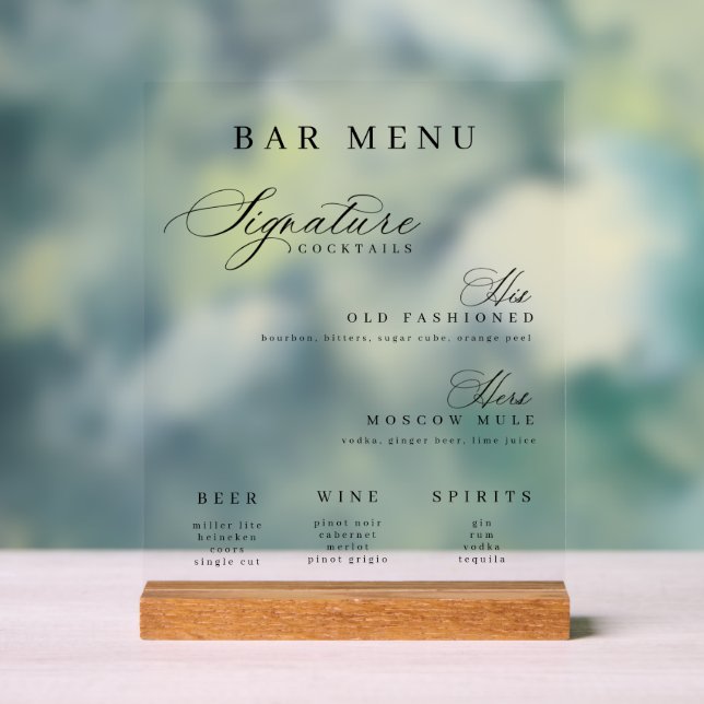 The Bar Menu Signature His and Her Cocktails Acrylic Sign (Neutral)