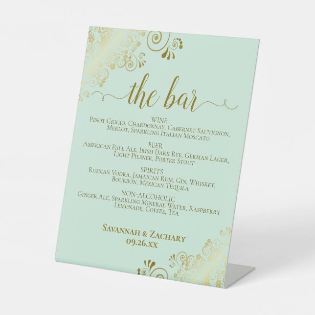 The Bar Mint Green & Gold Posh Drinks Menu Wedding Pedestal Sign (Front)