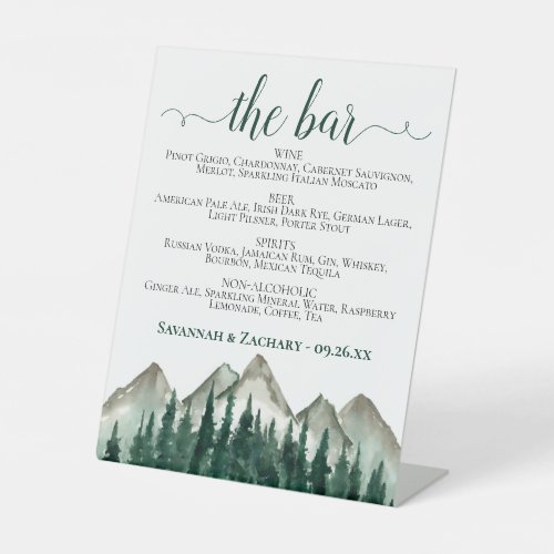 The Bar _ Mountains  Pine Drinks Menu Wedding Pedestal Sign