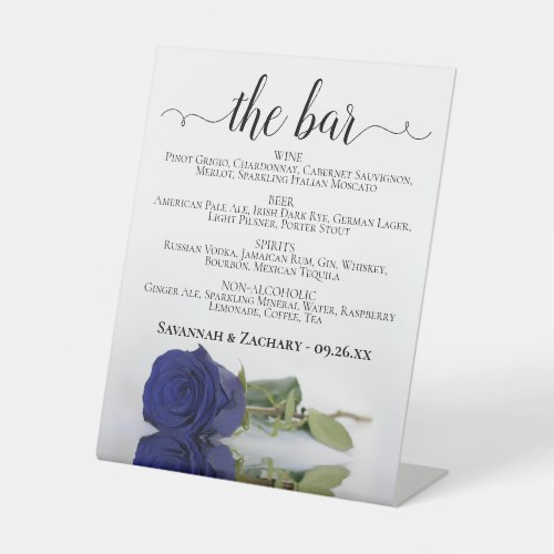 The Bar _ Navy Blue Rose Drinks Menu Wedding Pedestal Sign