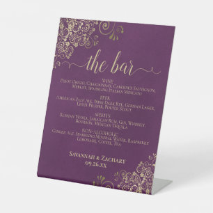 The Bar - Plum Purple & Gold Drinks Menu Wedding Pedestal Sign
