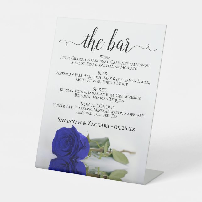 The Bar - Royal Blue Rose Drinks Menu Wedding Pedestal Sign (Front)