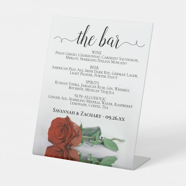 The Bar - Rust Orange Rose Drinks Menu Wedding Pedestal Sign (Front)