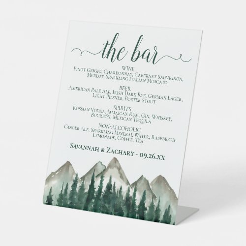 The Bar Rustic Mountain  Pine Drinks Menu Wedding Pedestal Sign