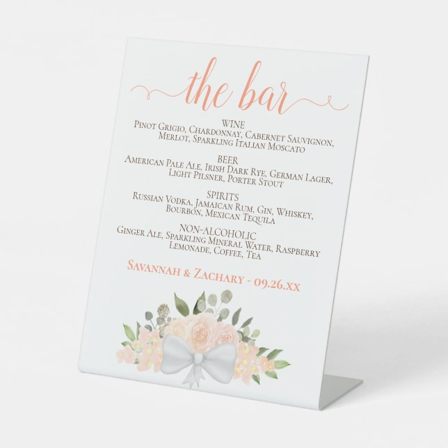 The Bar - Rustic Peach Floral Drinks Menu Wedding Pedestal Sign (Front)