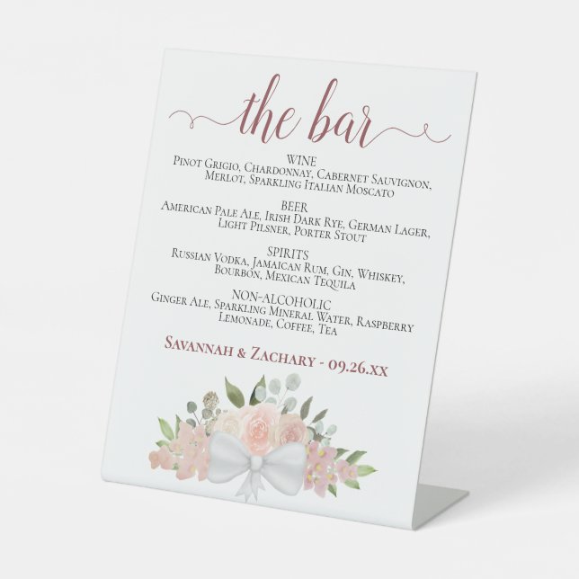 The Bar - Rustic Pink Floral Drinks Menu Wedding Pedestal Sign (Front)