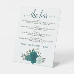 The Bar - Teal & Aqua Roses Drinks Menu Wedding Pedestal Sign