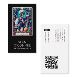 The Bartender Tarot Skeleton QR Code Black Business Card
