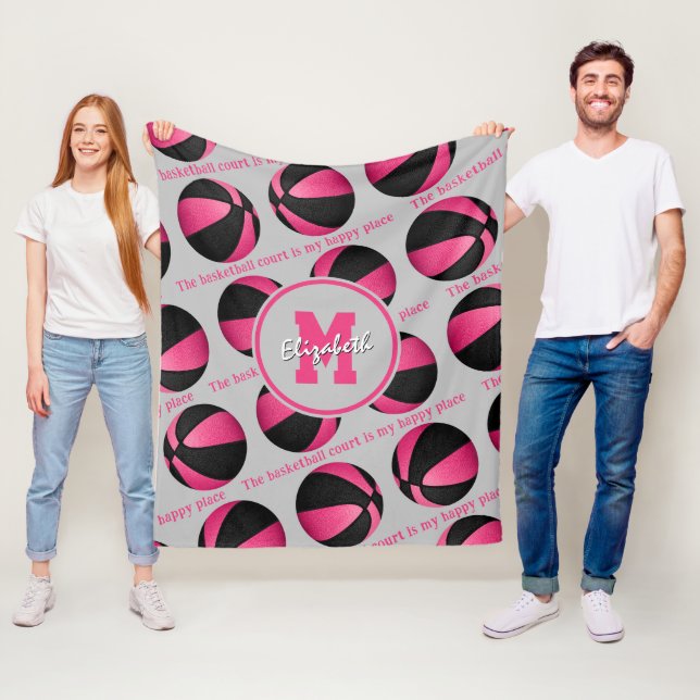 The basketball court is my happy place pink black fleece blanket (In Situ)