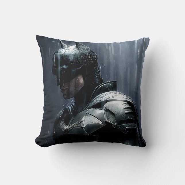 The Batman in the Rain Throw Pillow (Front)