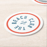 The Beach Club Blue Crest Orange Red Stripe Round Paper Coaster<br><div class="desc">The Beach Club paper coasters are perfect for your summer gatherings in the garden, by the pool or at the beach... Orange/red stripe with blue distressed custom beach club crest. Personalize with the details of your gathering... year, beach and destination. Perfect for a family or friends beach trip, beach theme...</div>