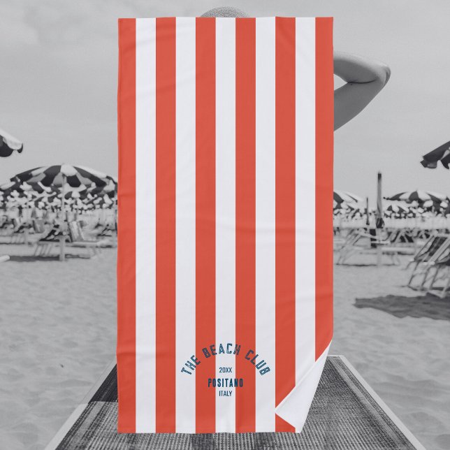The Beach Club Blue Crest OrangeRed Cabana Stripe  Beach Towel (Creator Uploaded)