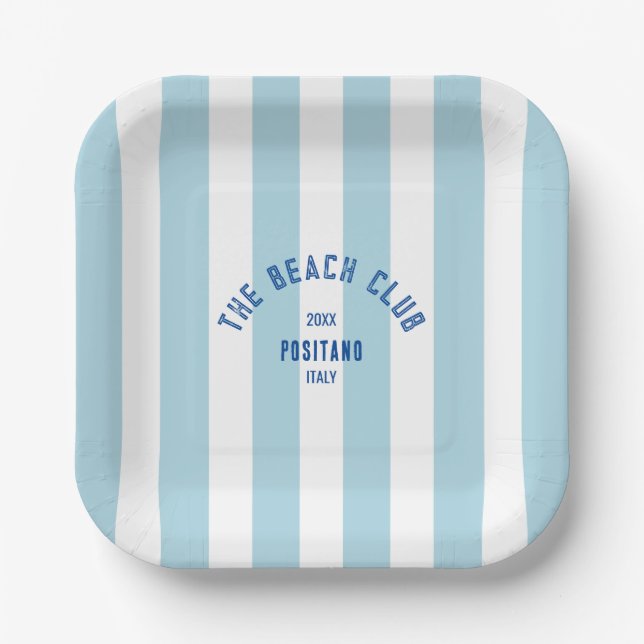 The Beach Club Crest Blue Cabana Stripe Paper Plates (Front)
