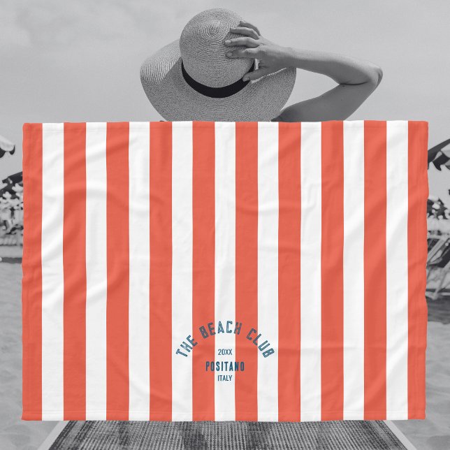 The Beach Club Crest Orange Red Cabana Stripe Fleece Blanket (Creator Uploaded)