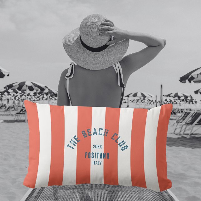 The Beach Club Crest Orange Red Cabana Stripe Lumbar Pillow (Creator Uploaded)