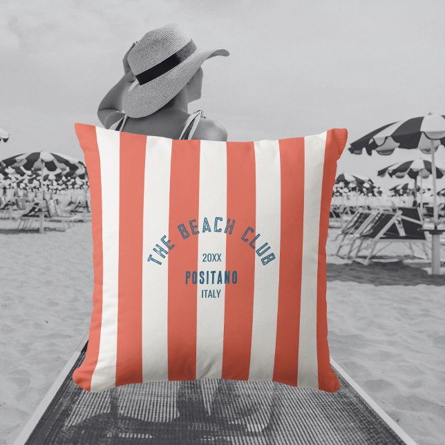 The Beach Club Crest Orange Red Cabana Stripe Outdoor Pillow (Creator Uploaded)
