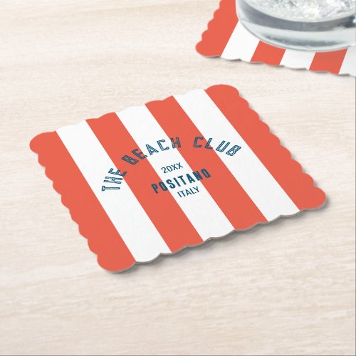 The Beach Club Crest Orange Red Cabana Stripe Paper Coaster