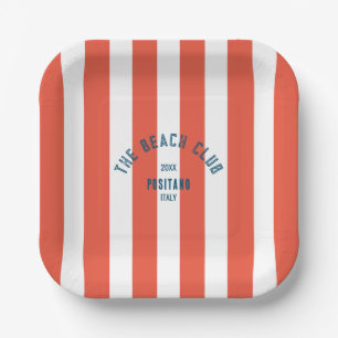 The Beach Club Crest Orange Red Cabana Stripe Paper Plates