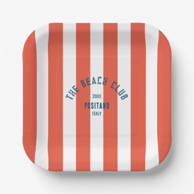 The Beach Club Crest Orange Red Cabana Stripe Paper Plates (Front)
