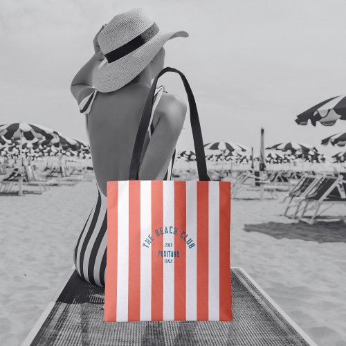 The Beach Club Crest Orange Red Cabana Stripe Tote Bag