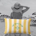 The Beach Club Crest Yellow Cabana Stripe Lumbar Pillow<br><div class="desc">The perfect personalized throw pillow for your outdoor space this summer...  Yellow cabana stripes with green distressed custom "The Beach Club" crest. Personalize with the year,  beach and destination. Perfect as a memento for a past trip. Matching accessories available in The Beach Club Cabana Stripe Collection.</div>