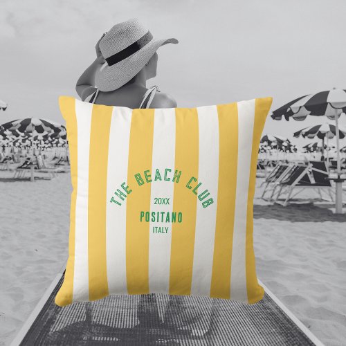 The Beach Club Crest Yellow Cabana Stripe Outdoor Pillow