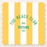The Beach Club Crest Yellow Cabana Stripe Paper Coaster<br><div class="desc">The Beach Club paper coasters are perfect for your beach club theme summer gatherings in the garden, by the pool or at the beach... Yellow cabana stripes with green distressed custom beach club crest. Personalize with the details of your gathering... year, beach and destination. Perfect for a family or friends...</div>