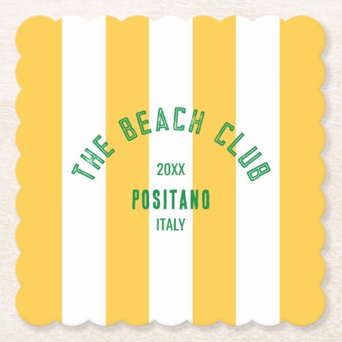 The Beach Club Crest Yellow Cabana Stripe Paper Coaster