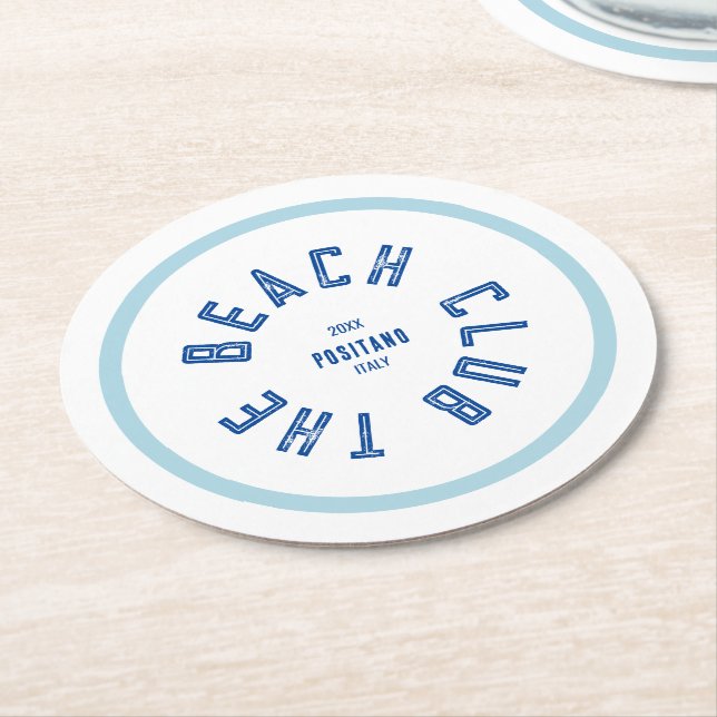 The Beach Club Green Crest Blue Stripe Round Paper Coaster (Angled)