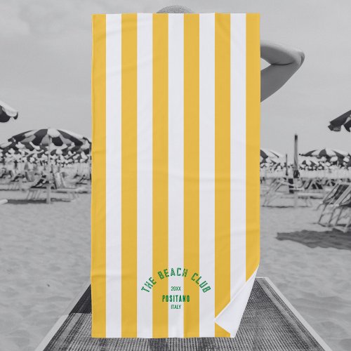 The Beach Club Green Crest Yellow Cabana Stripe  Beach Towel