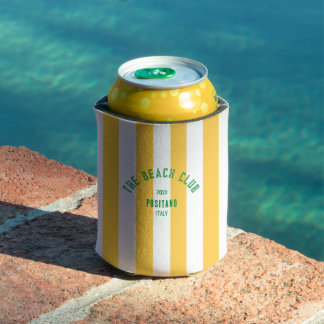 The Beach Club Green Crest Yellow Cabana Stripe Can Cooler