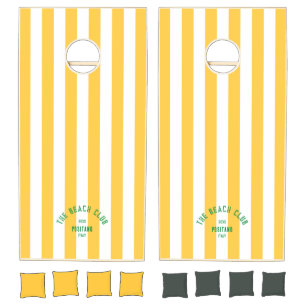 The Beach Club Green Crest Yellow Cabana Stripe  Cornhole Set