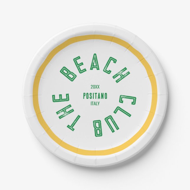 The Beach Club Green Crest Yellow Stripe Paper Plates (Front)