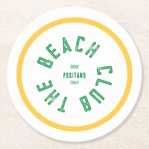 The Beach Club Green Crest Yellow Stripe Round Paper Coaster