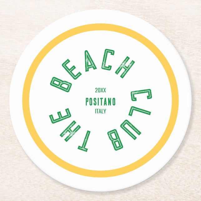 The Beach Club Green Crest Yellow Stripe Round Paper Coaster (Front)