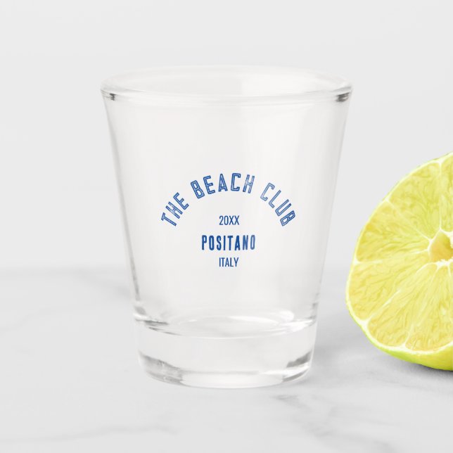 The Beach Club Positano Blue Custom Crest Shot Glass (Front)