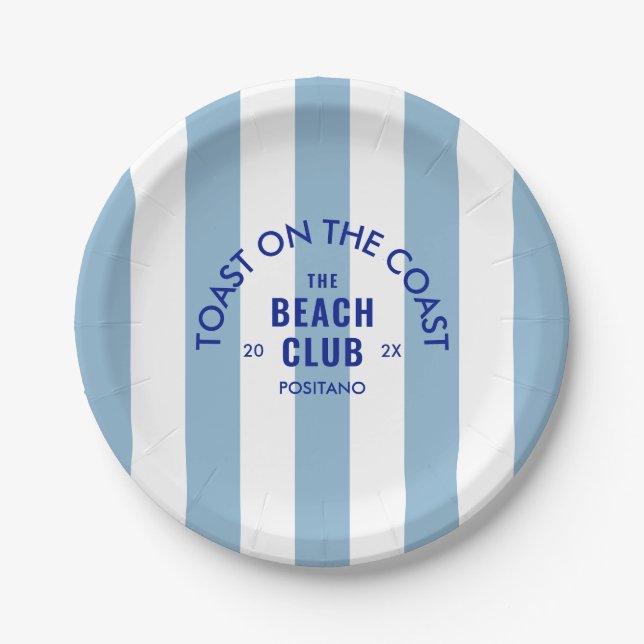 The Beach Club Toast On The Coast Blue Stripe  Paper Plates (Front)