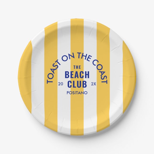 The Beach Club Toast On The Coast Yellow Stripe Paper Plates (Front)