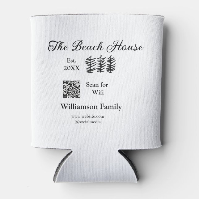 The beach house add family name Q R scan wifi webs Can Cooler (Front)